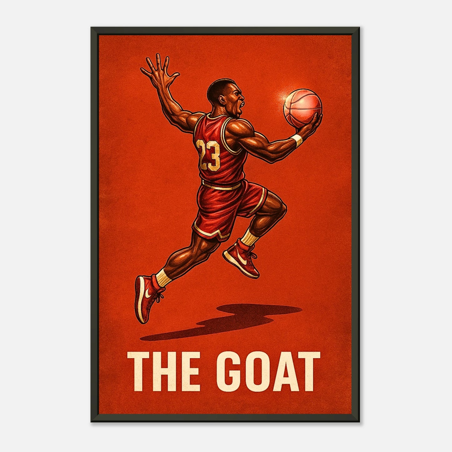 Sportkunst Poster „Air Legend – The GOAT in Flight“ – energiegeladene Basketballillustration im schwarzen Metallrahmen | DEFA Designs