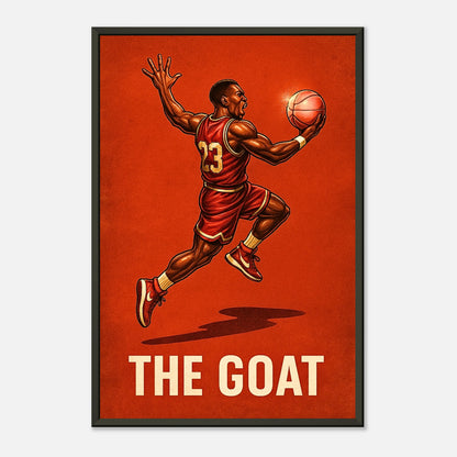 Sportkunst Poster „Air Legend – The GOAT in Flight“ – energiegeladene Basketballillustration im schwarzen Metallrahmen | DEFA Designs