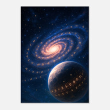 Star Script Galaxy Poster – Spiralgalaxie mit Planet, mystische Space Wall Art für Wohnzimmer und Büro
