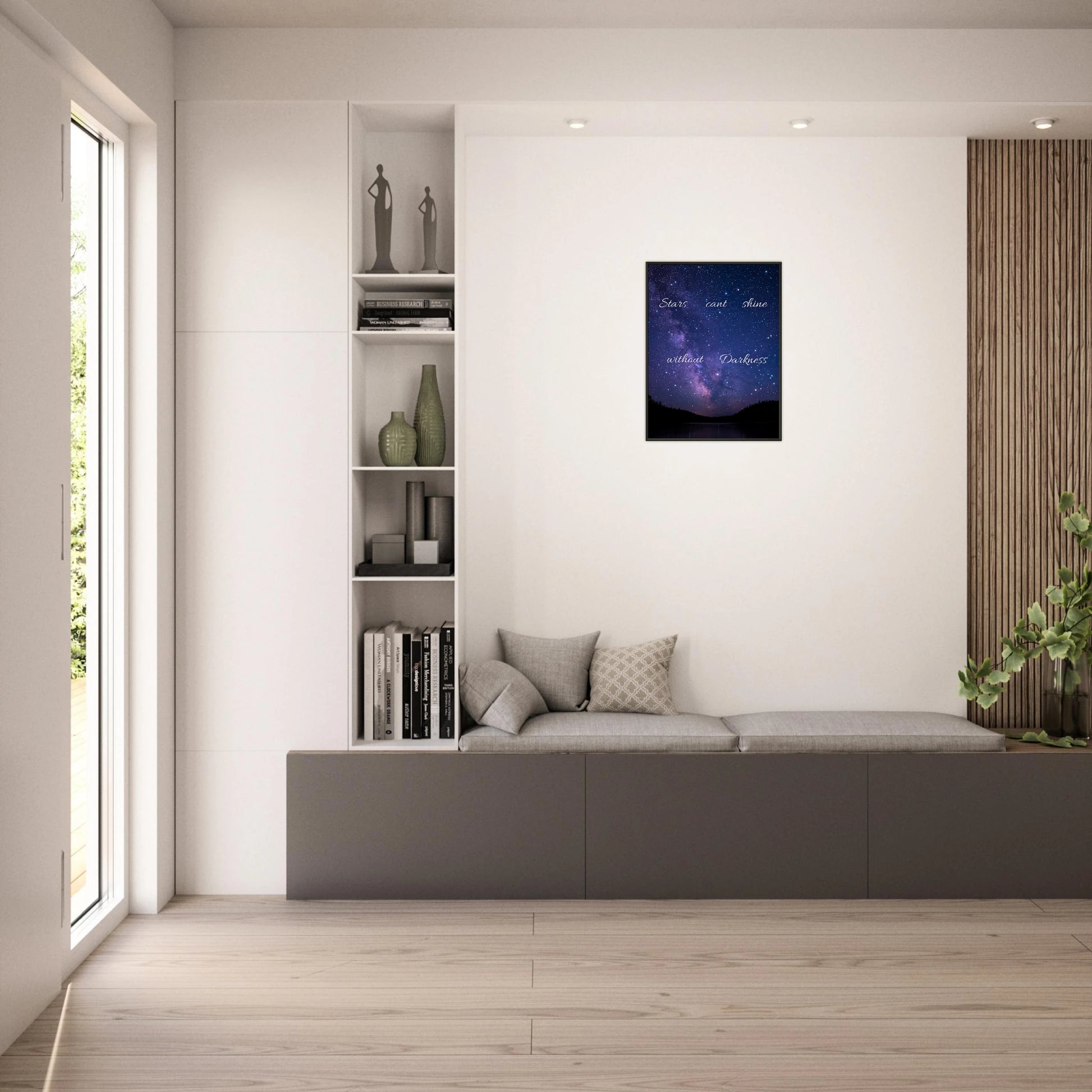 Stars Can’t Shine Without Darkness wall art in black metal frame displayed in bright modern living room interior