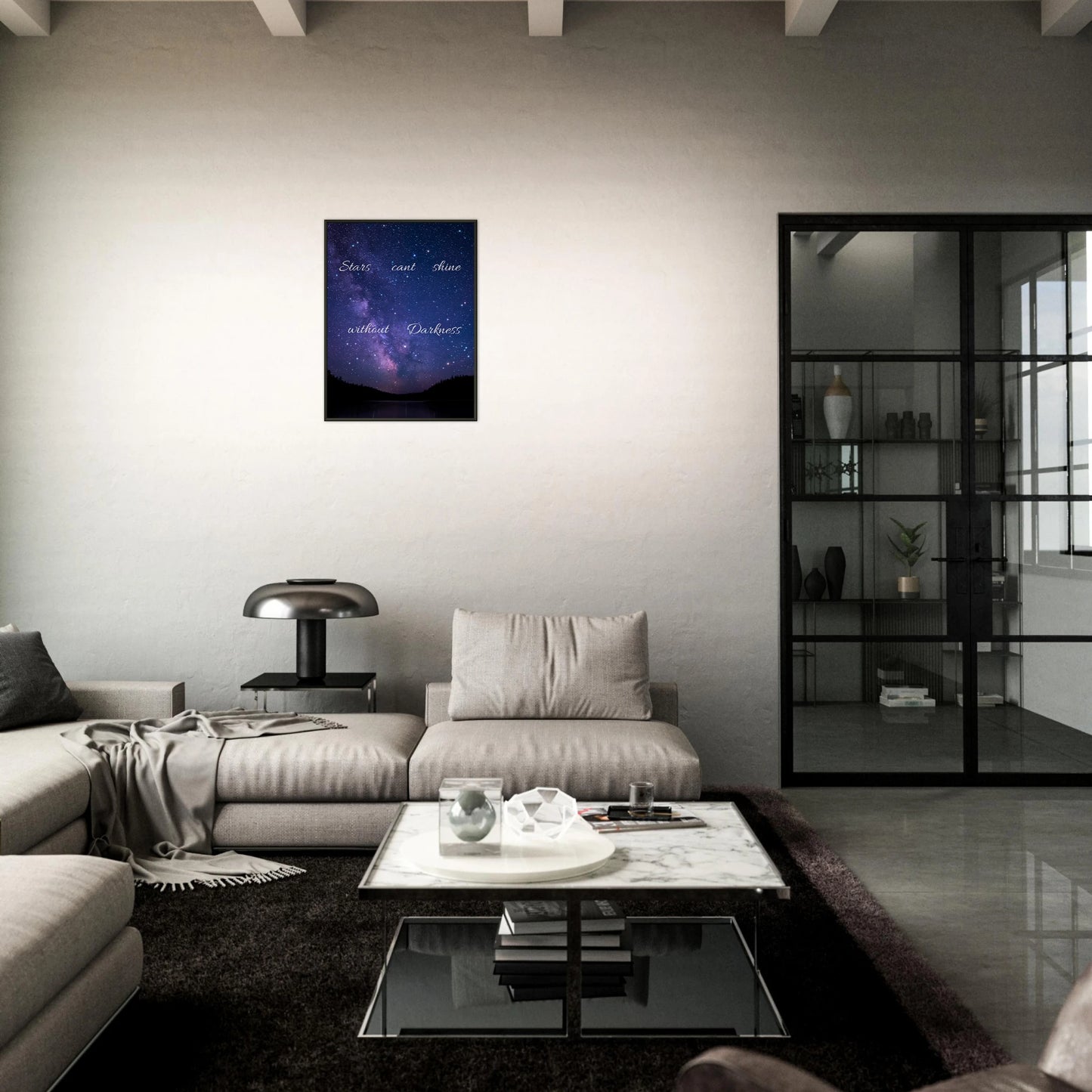 Stars Can’t Shine Without Darkness galaxy poster in black metal frame styled in dark modern living room setting