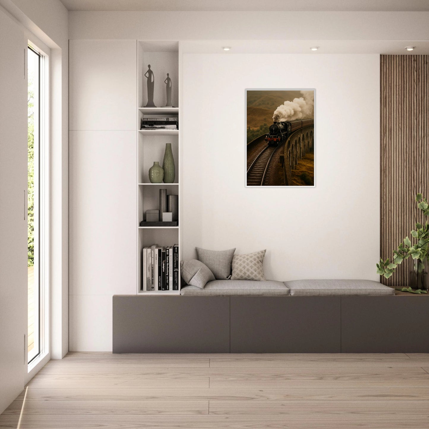 Steam Over the Highlands Poster im hellen Wohnzimmer – nostalgisches Wandbild mit Dampflok auf Brücke, warme Farbnuancen für harmonische Raumgestaltung – von Defa Designs.