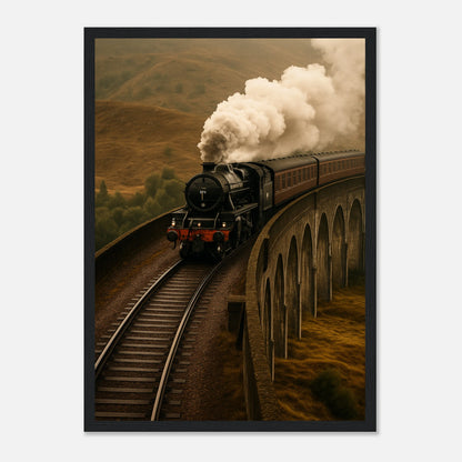 Steam Over the Highlands Poster im schwarzen Rahmen – eindrucksvolles Dampflok-Kunstwerk über den Highlands, ideales Wandbild für Reisende und Eisenbahnfans – von Defa Designs.