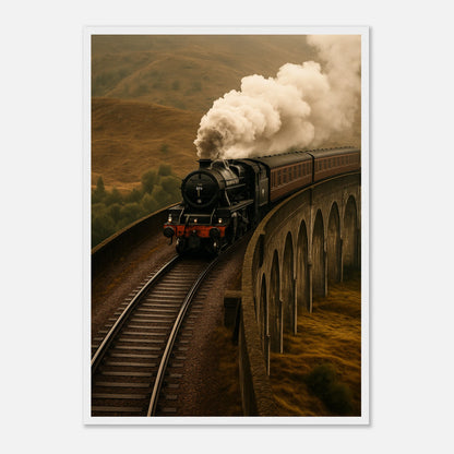 Steam Over the Highlands Poster im weißen Rahmen – nostalgisches Zugmotiv mit Dampflok auf Viadukt, elegantes Eisenbahn-Wandbild im Vintage-Stil – von Defa Designs.