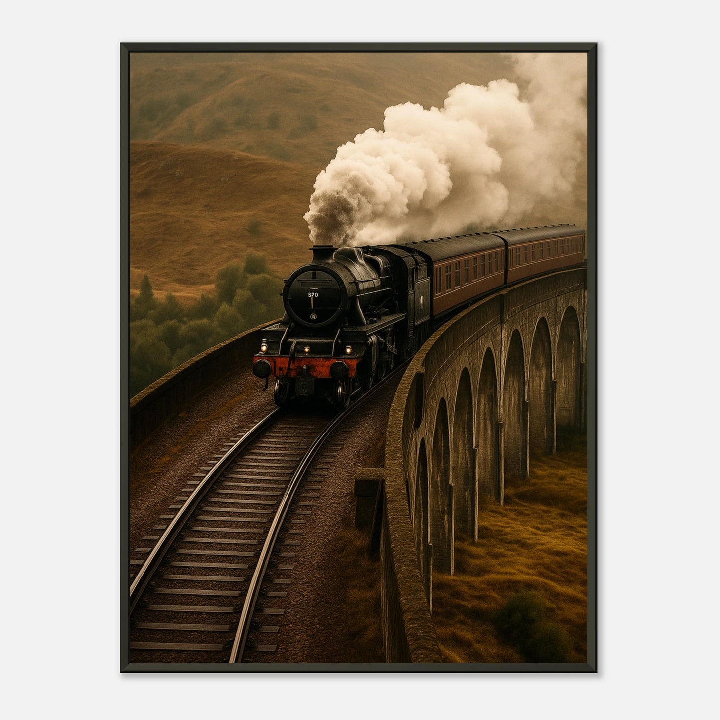 Steam Over the Highlands vintage train wall art poster in black metal frame featuring classic steam locomotive on stone viaduct