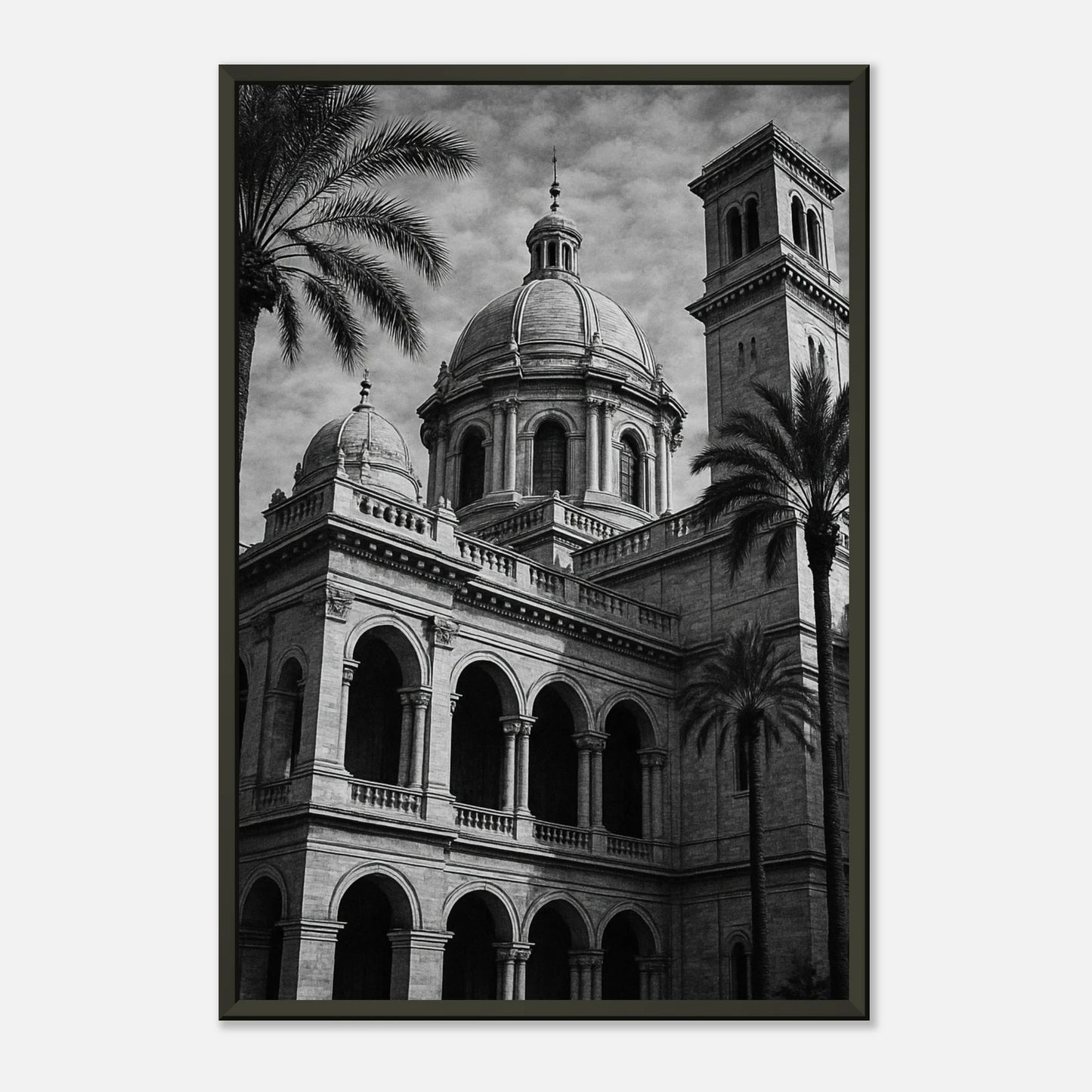 Stillness in Stone monochrome architecture wall art print in black metal frame with elegant classical building