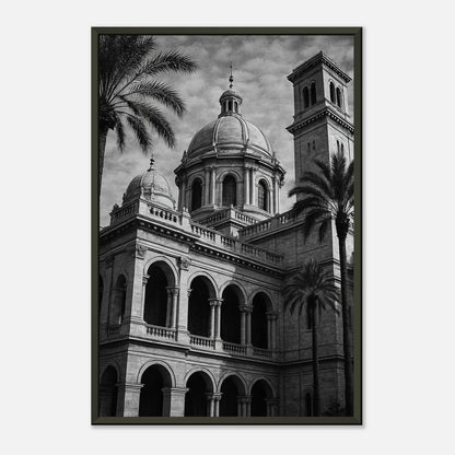 Stillness in Stone monochrome architecture wall art print in black metal frame with elegant classical building