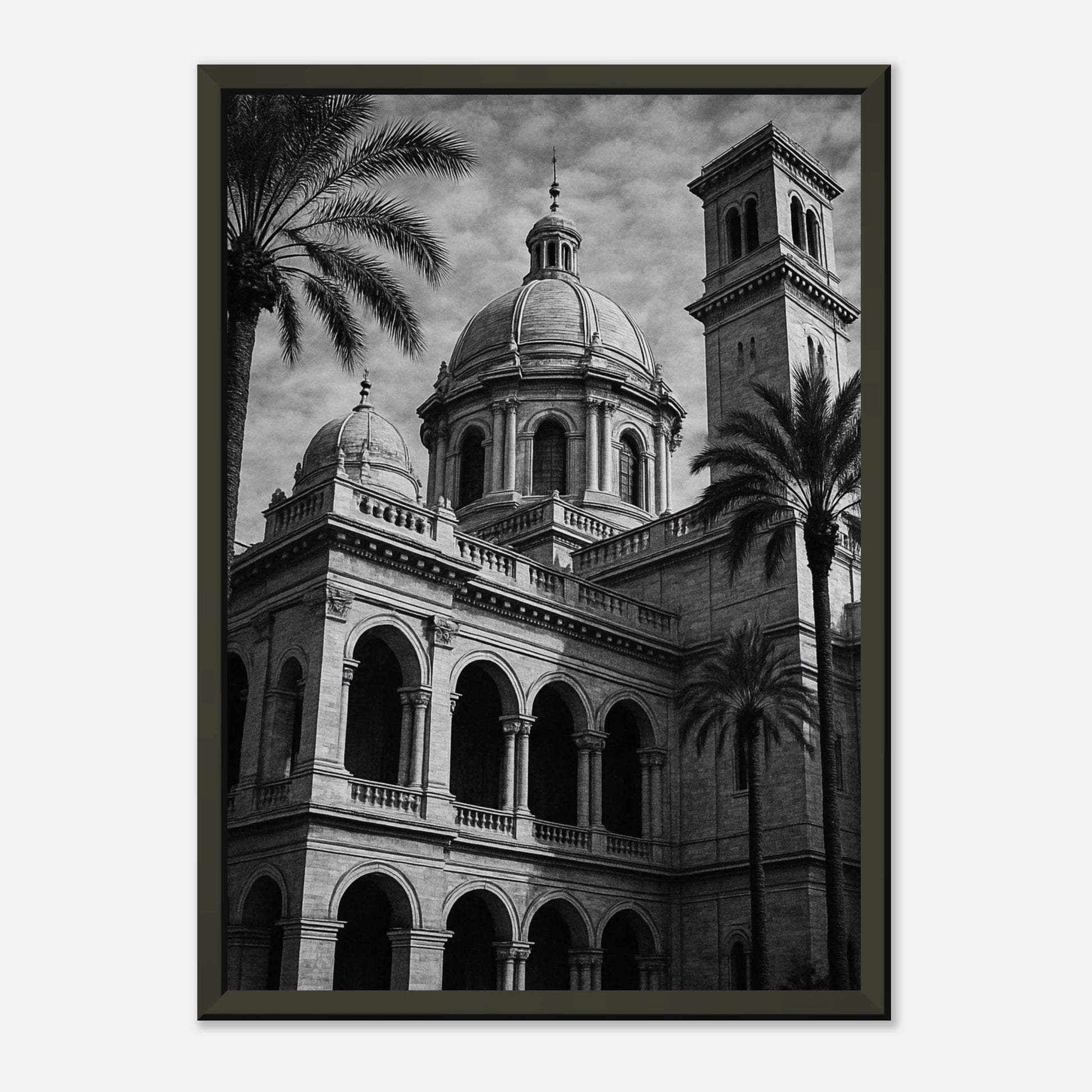 Stillness in Stone architecture wall art poster in black metal frame front view with detailed classical facade
