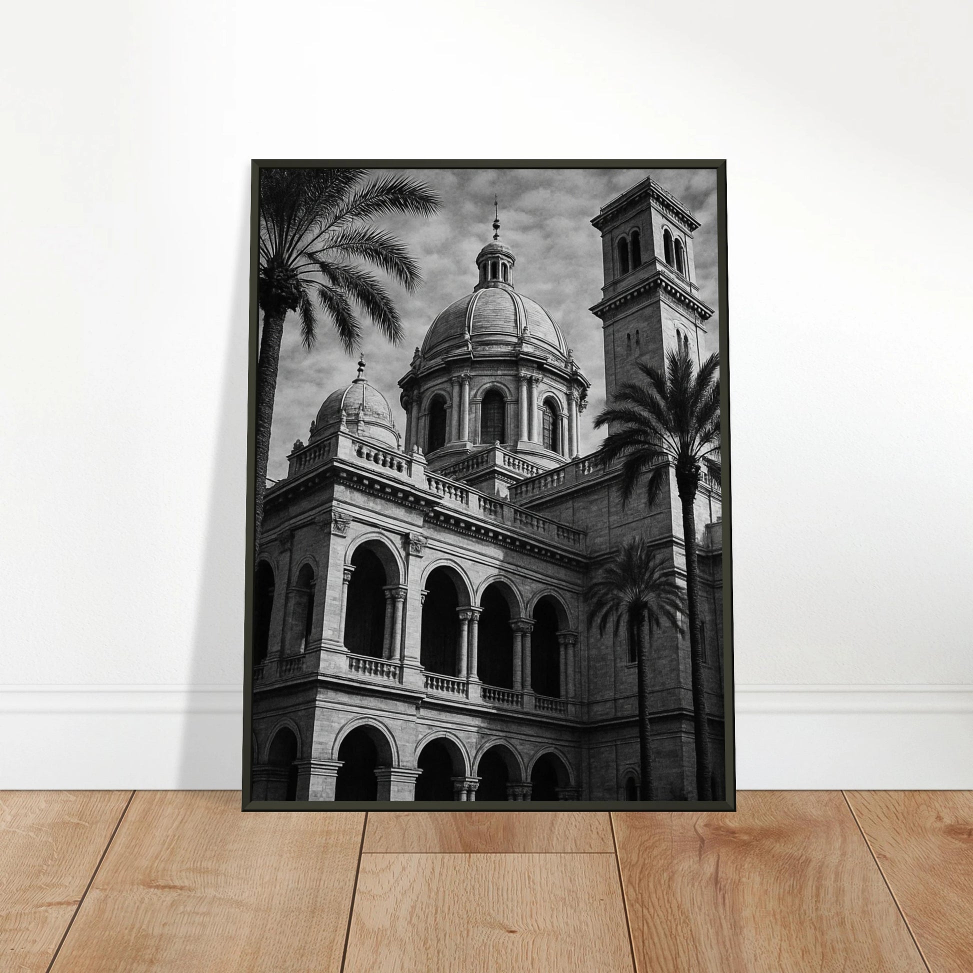 Stillness in Stone architecture wall art poster leaning against wall in black metal frame minimalist interior mockup