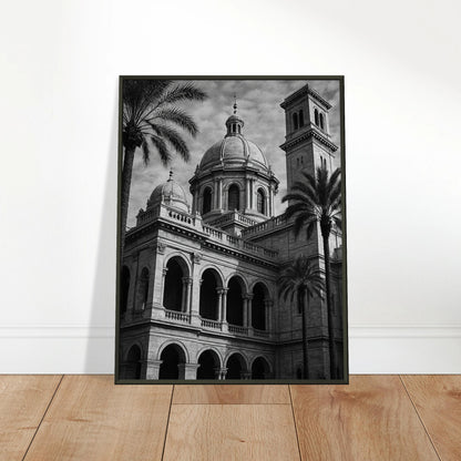 Stillness in Stone architecture wall art poster leaning against wall in black metal frame minimalist interior mockup