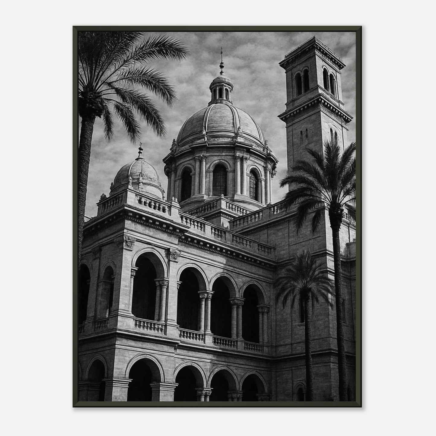 Stillness in Stone monochrome architecture wall art poster in black metal frame featuring classical building and palm trees
