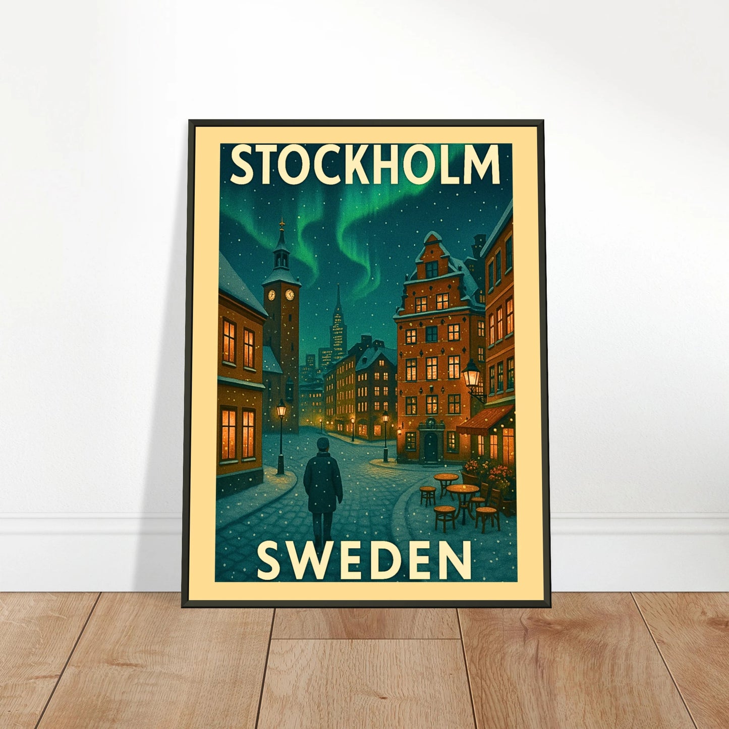 Stockholm Sweden vintage travel poster leaning on floor in black metal frame