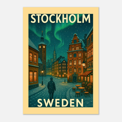 Stockholm Sweden Wandbild im Wohnzimmer – dekoratives Vintage Poster mit winterlichem Flair und Nordlichtern