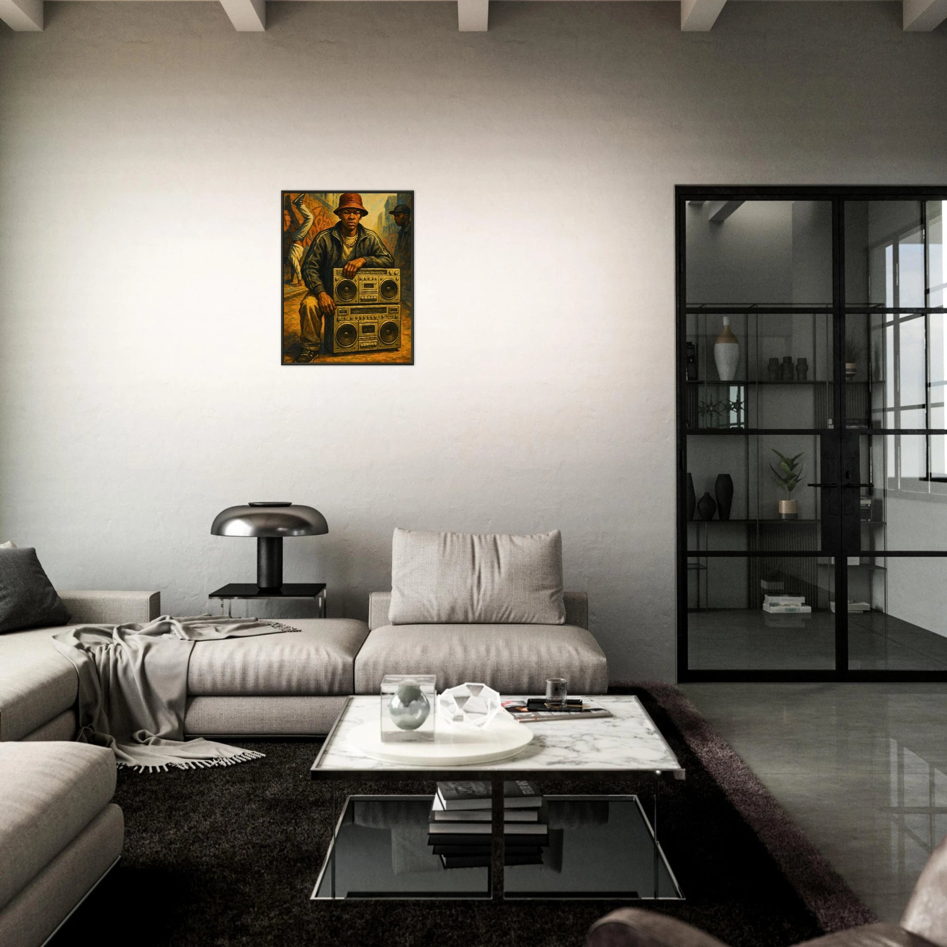 Street Anthem urban music poster in black metal frame styled in dark modern living room setting