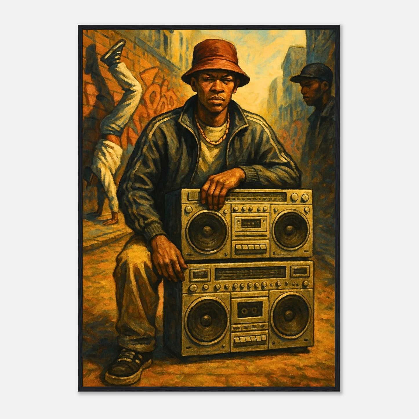 Street Anthem Poster im schwarzen Rahmen – energiegeladene Street Art mit Musiker und Ghettoblaster, urbanes Hip-Hop Poster mit goldener Vintage-Farbstimmung – von Defa Designs.