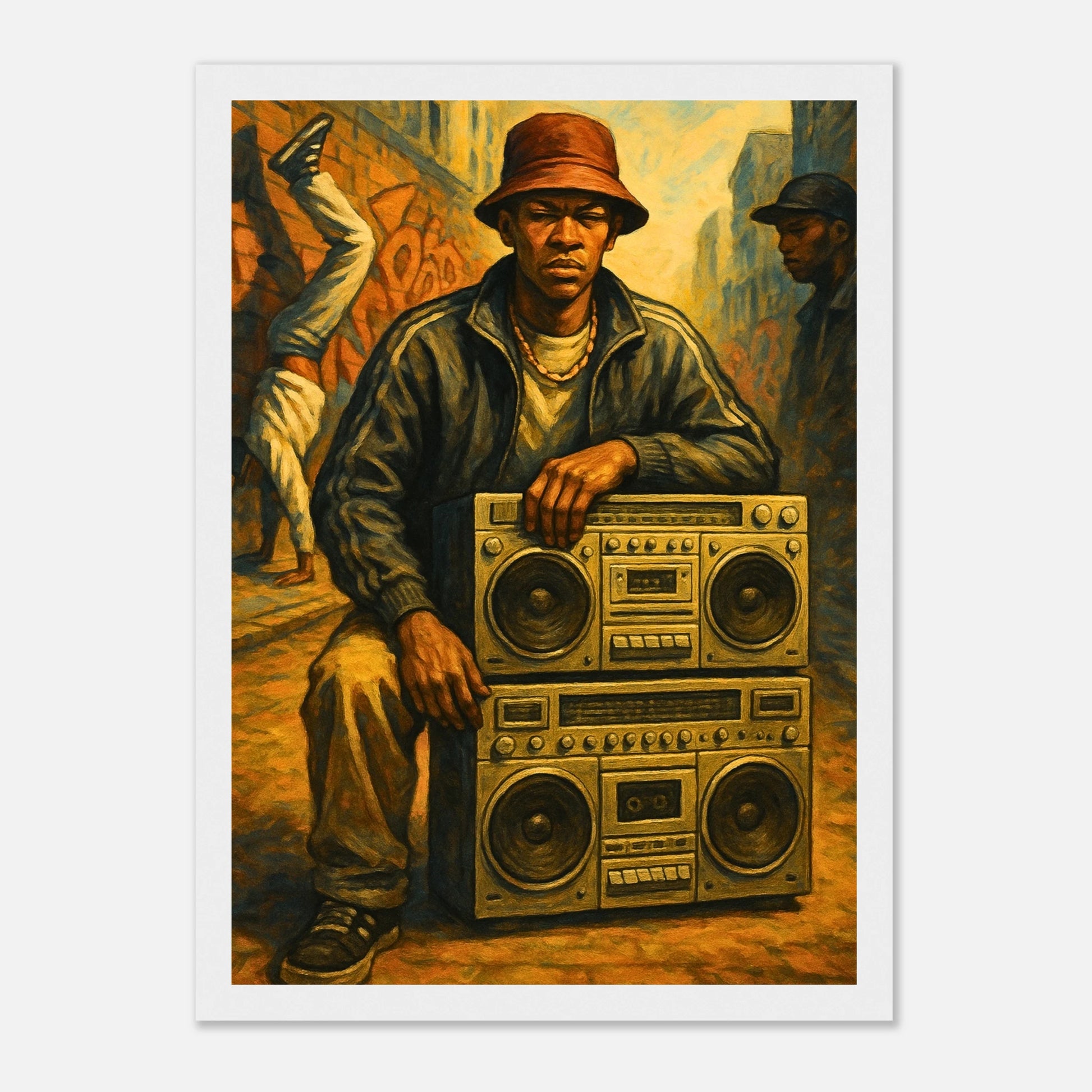 Street Anthem Poster im weißen Rahmen – stilvolles Wandbild mit Boombox und Oldschool-Hip-Hop Flair, urbanes Design für Musikliebhaber und kreative Räume – von Defa Designs.