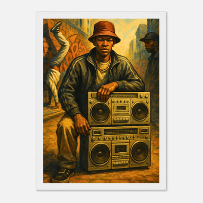 Street Anthem Poster im weißen Rahmen – stilvolles Wandbild mit Boombox und Oldschool-Hip-Hop Flair, urbanes Design für Musikliebhaber und kreative Räume – von Defa Designs.