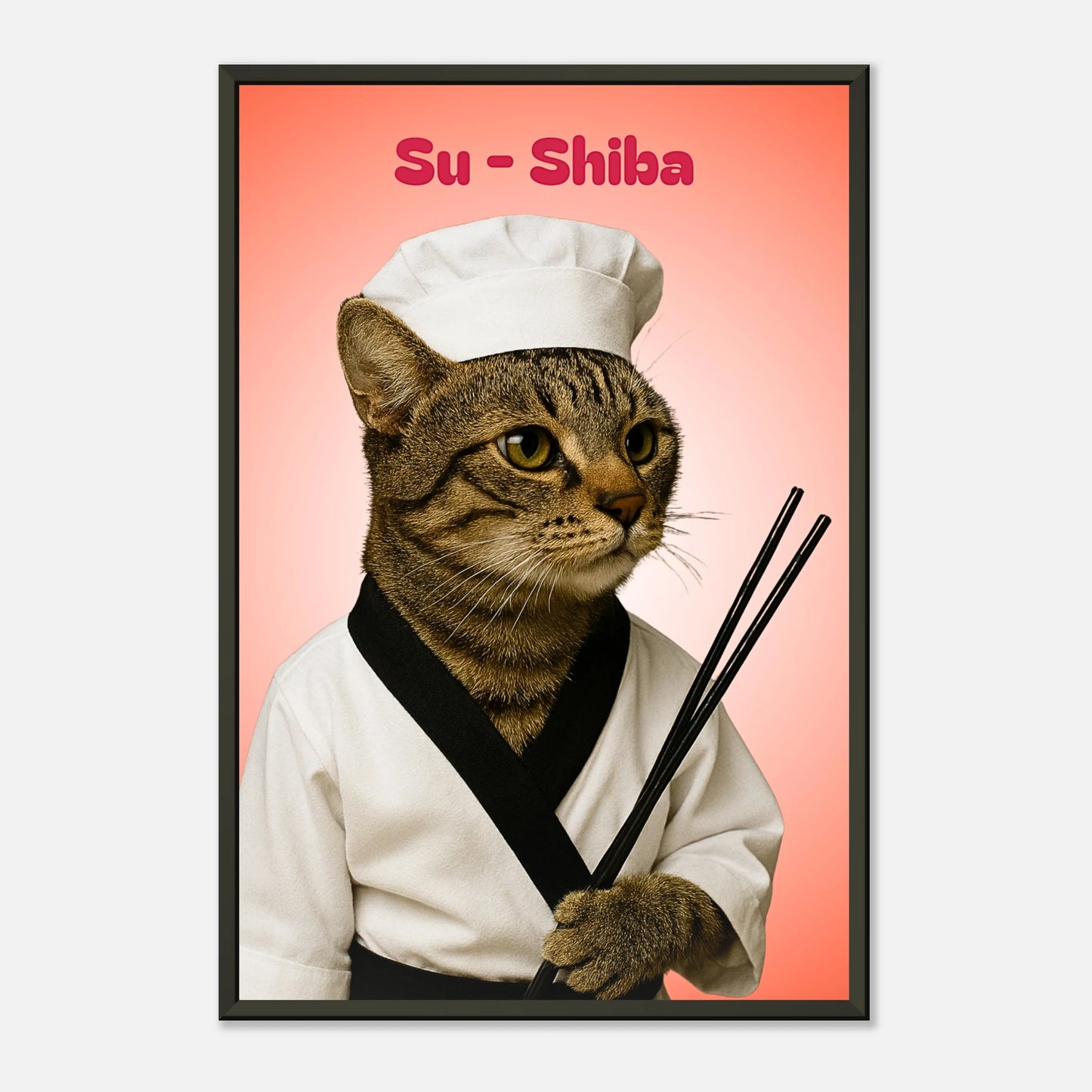 Detailansicht des Su-Shiba Posters – Katzenkopf mit realistischer Fellstruktur, hochwertige Druckqualität im schwarzen Metallrahmen.