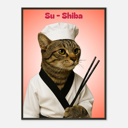 Su-Shiba – The Sushi Mastercat Poster mit Katze als Sushi-Koch, schwarzer Metallrahmen, humorvolle Wandkunst von Defa Designs.