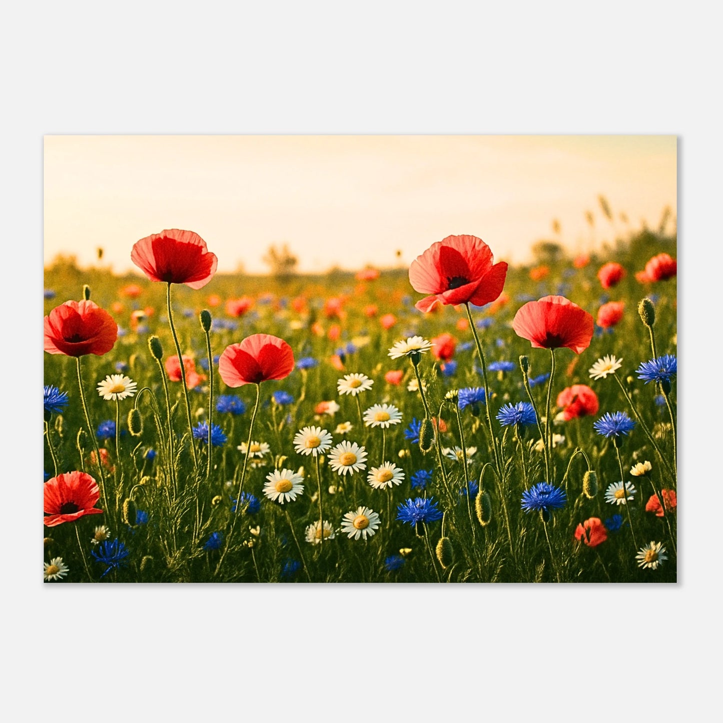 „Art print of a blooming wildflower field with poppies, daisies and blue cornflowers – perfect for summer home decor“

