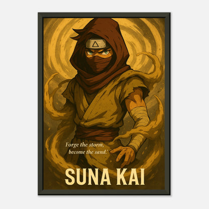 SUNA KAI Anime Samurai Poster mit schwarzem Metallrahmen – leicht geneigte Ansicht, hochwertige Wanddeko im Wüsten-Design.