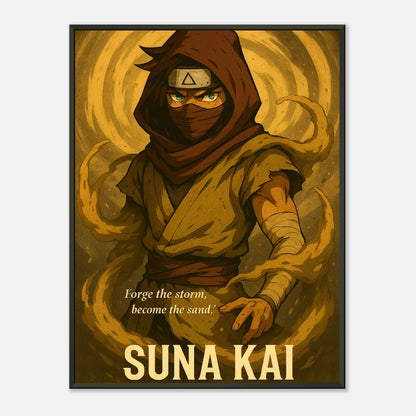 SUNA KAI Anime Samurai Wüstenkrieger Poster mit schwarzem Metallrahmen – epische Wüstenszene, dynamische Pose und kraftvolle Farben.