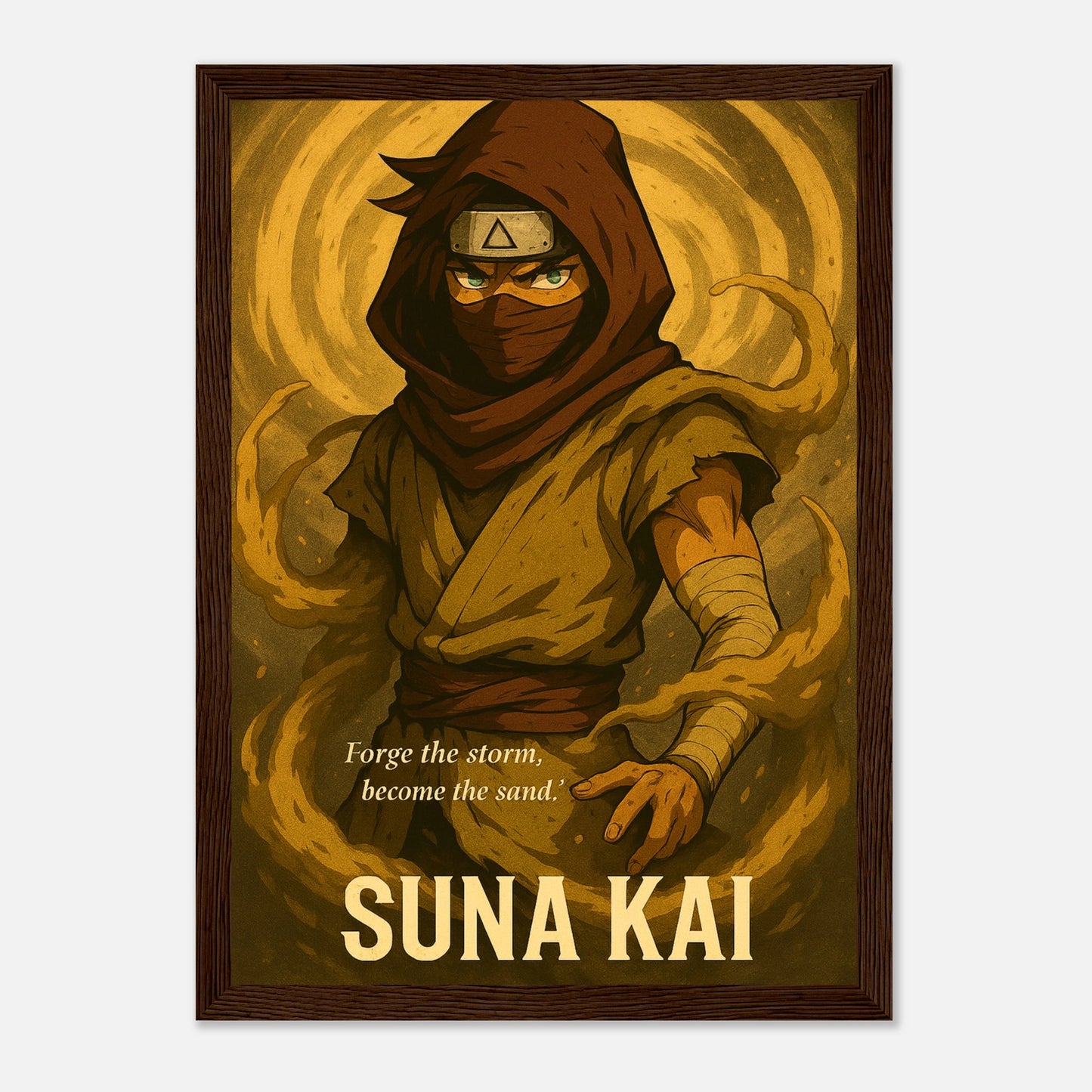 SUNA KAI Poster im dunkelbraunen Holzrahmen – goldbraunes Anime-Kunstwerk eines Wüstenkriegers mit intensiver Energie und majestätischer Ruhe. Japanisch inspirierte Wandkunst von Defa Designs.