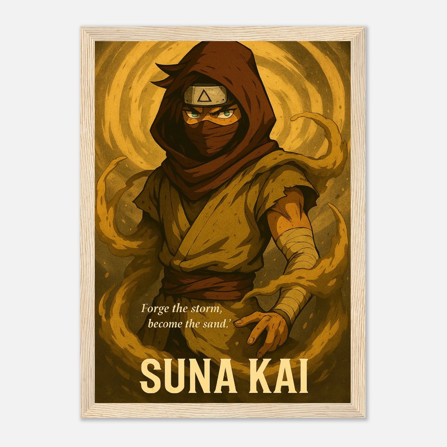 SUNA KAI Poster im hellbraunen Holzrahmen – warmes, goldenes Samurai-Anime-Design mit Wüstensturm-Ästhetik. Kunstvolles Premium-Poster von Defa Designs.