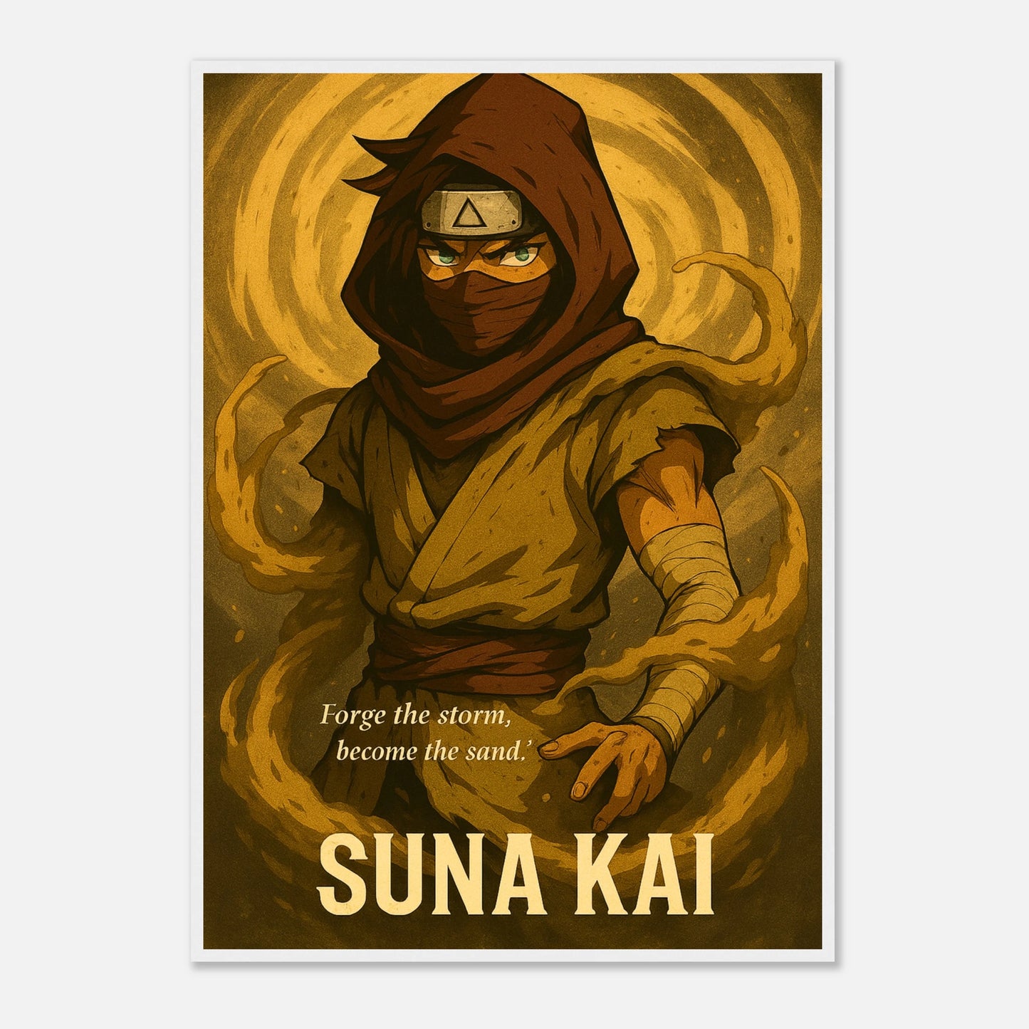 SUNA KAI Poster im weißen Rahmen – stilvolle Anime-Kunst eines Wüsten-Samurai in goldenen Farbtönen. Japanisch inspirierter Kunstdruck mit eleganter Wirkung.