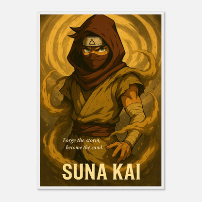 SUNA KAI Poster im weißen Rahmen – stilvolle Anime-Kunst eines Wüsten-Samurai in goldenen Farbtönen. Japanisch inspirierter Kunstdruck mit eleganter Wirkung.