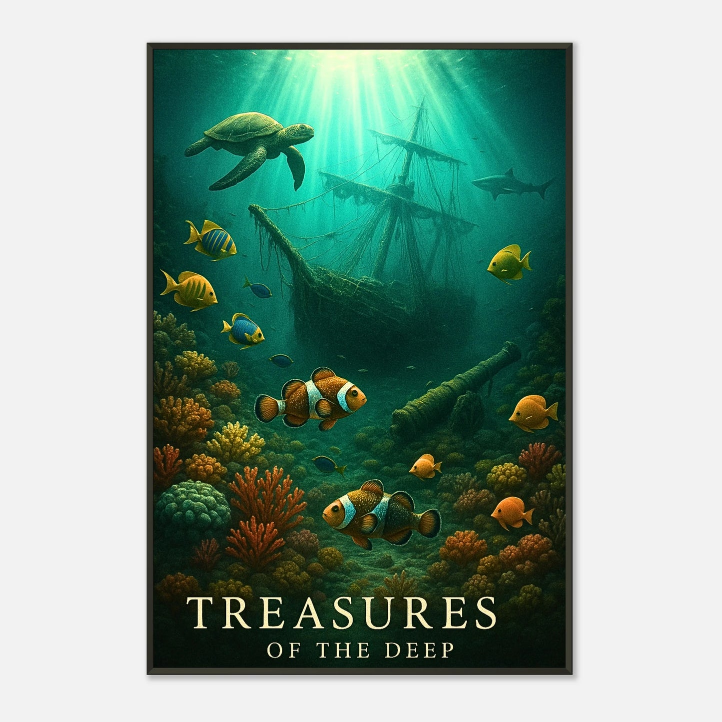 Detailaufnahme des Sunken Secrets Posters – leuchtende Korallen, tropische Fische und eine majestätische Schildkröte im klaren Ozeanblau.