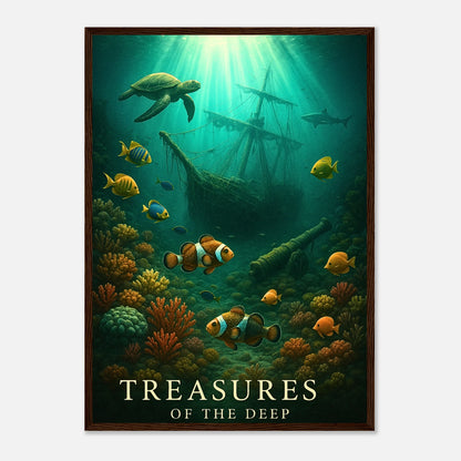Sunken Secrets Poster mit dunkelbraunem Holzrahmen – edles Ozean Wandbild mit mystischer Unterwasserwelt