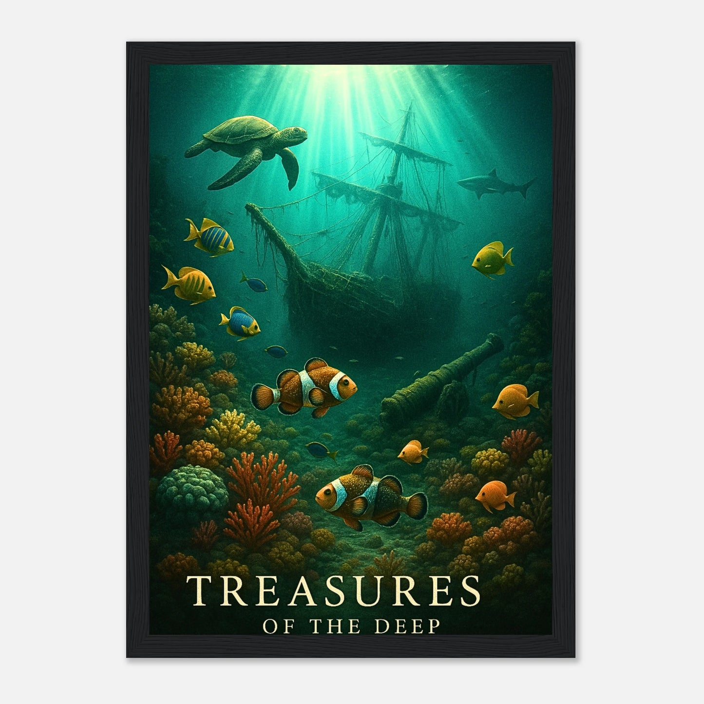 Sunken Secrets Poster mit schwarzem Holzrahmen – Ozean Poster mit Schiffswrack und mystischer Tiefsee