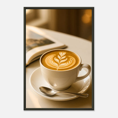 Angled view of Sunlit Sips cozy coffee wall art in black metal frame showing warm café atmosphere