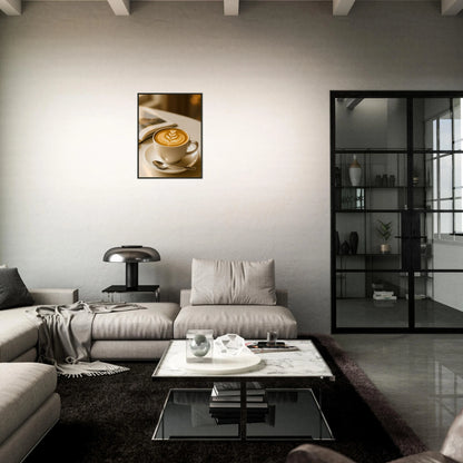 Sunlit Sips cozy coffee poster in black metal frame styled in dark modern living room setting