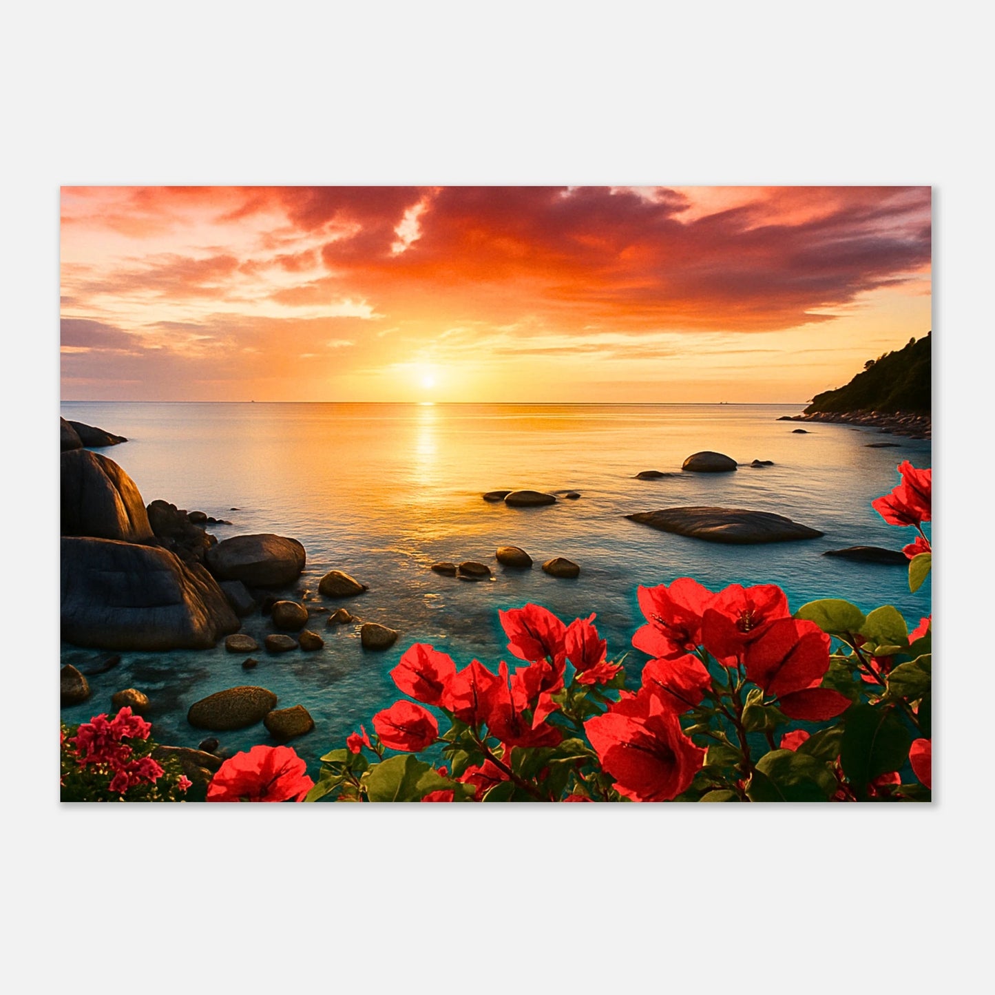 „Coastal Glow – Sunset & Blossoms“ Poster – warmes Küstenlicht, Sonnenuntergang über dem Meer, florale Akzente, ungerahmt.