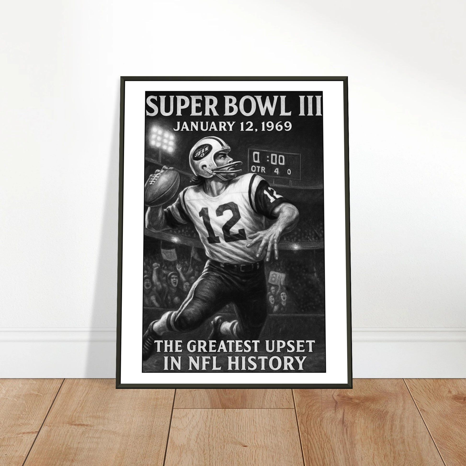 Super Bowl III Poster an die Wand gelehnt | Vintage Football-Motiv im schwarzen Metallrahmen | DEFA Designs