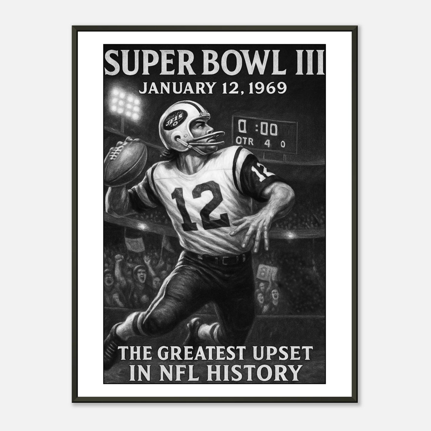 Super Bowl III Poster im schwarzen Metallrahmen | Vintage Football Artwork „The Greatest Upset in NFL History“ | DEFA Designs