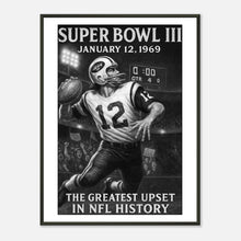 Super Bowl III Poster im schwarzen Metallrahmen | Vintage Football Artwork „The Greatest Upset in NFL History“ | DEFA Designs