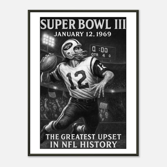 Super Bowl III Poster im schwarzen Metallrahmen | Vintage Football Artwork „The Greatest Upset in NFL History“ | DEFA Designs