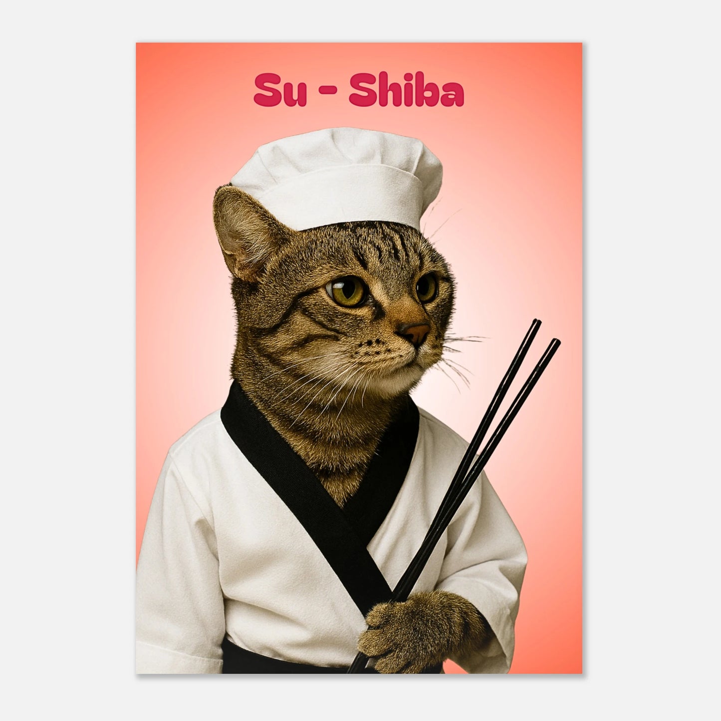 Su-Shiba Poster – Sushi-Meisterkatze auf hellem Holzuntergrund präsentiert