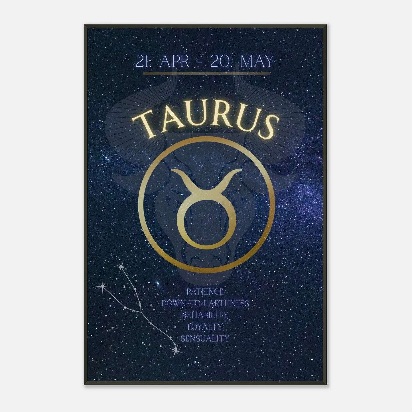 Taurus horoscope wall art print in black metal frame featuring April 21 to May 20 zodiac dates