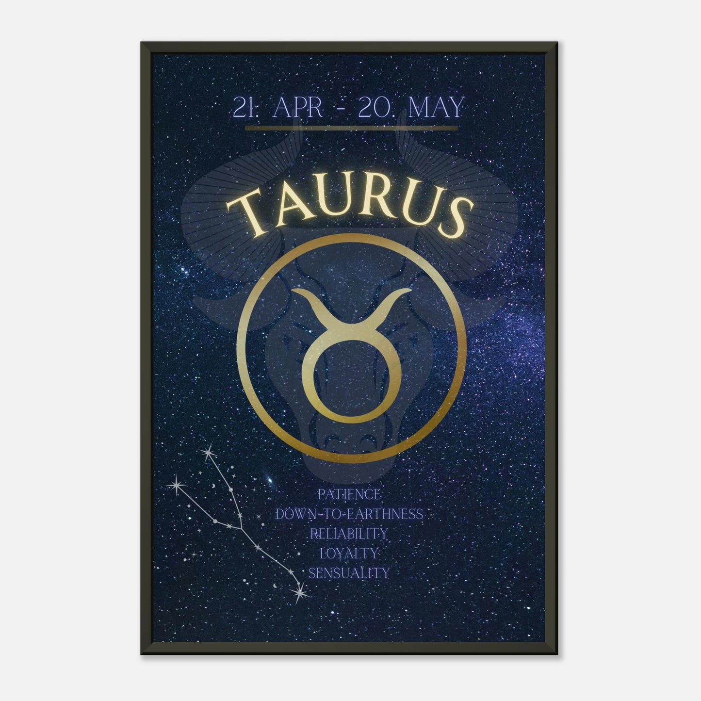 Taurus zodiac wall art in black metal frame front view with blue galaxy background and astrology symbol