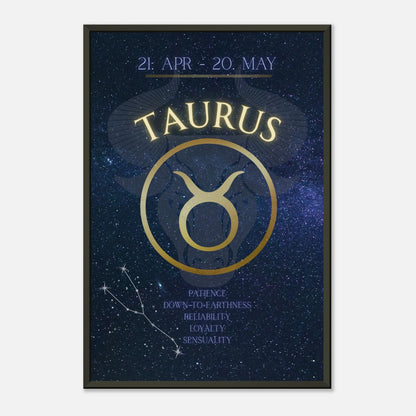 Taurus zodiac wall art in black metal frame front view with blue galaxy background and astrology symbol