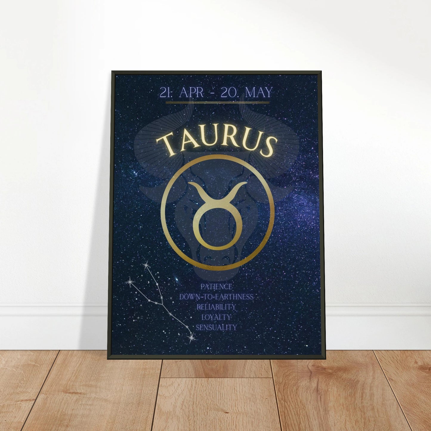 Taurus wall art poster leaning against wall in black metal frame modern bedroom decor mockup