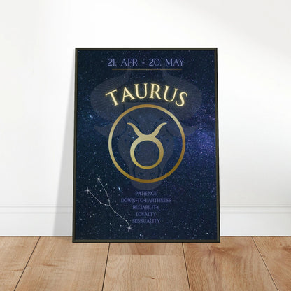 Taurus wall art poster leaning against wall in black metal frame modern bedroom decor mockup