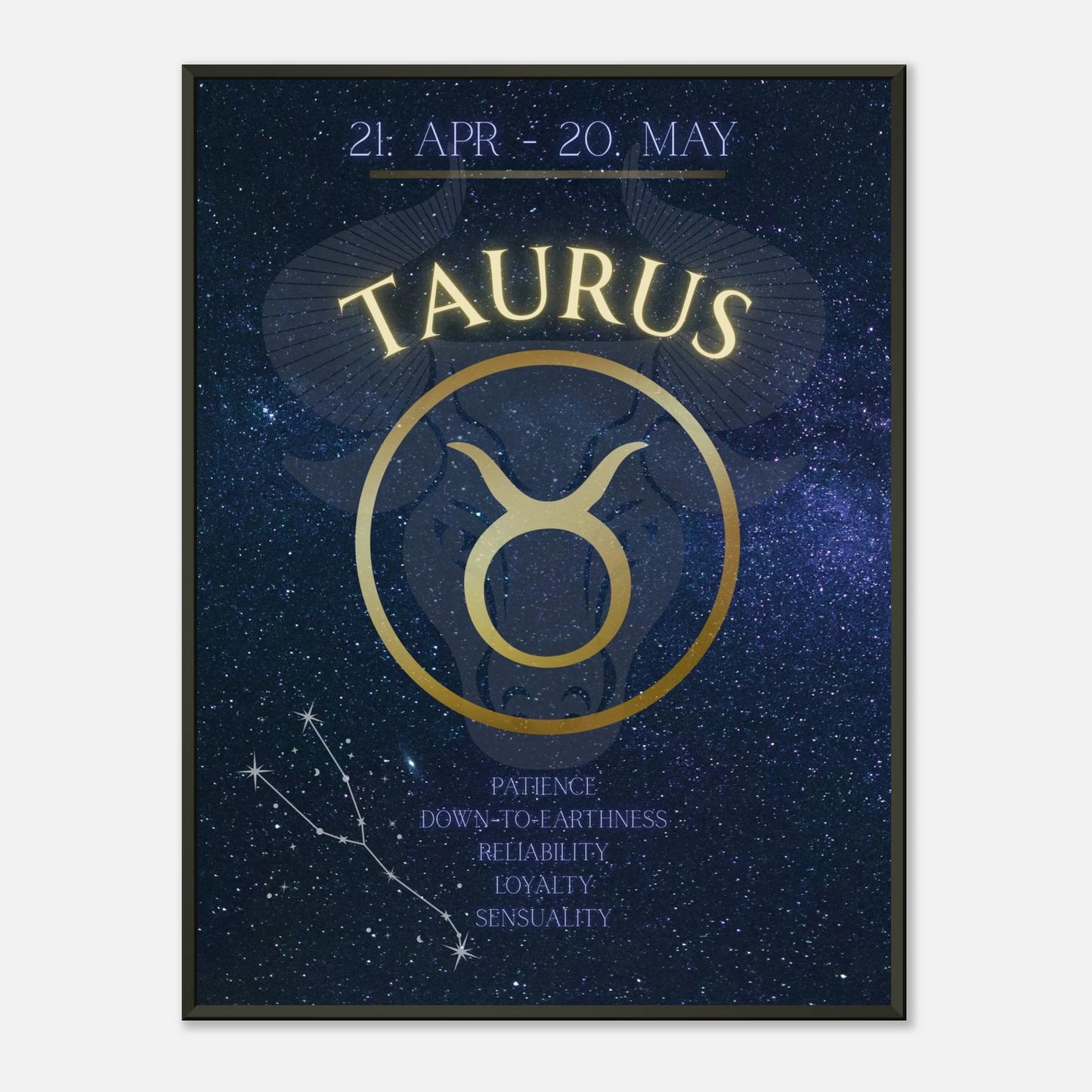 Taurus wall art poster in black metal frame featuring elegant zodiac symbol and cosmic constellation design