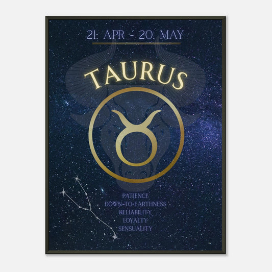 Taurus wall art poster in black metal frame featuring elegant zodiac symbol and cosmic constellation design