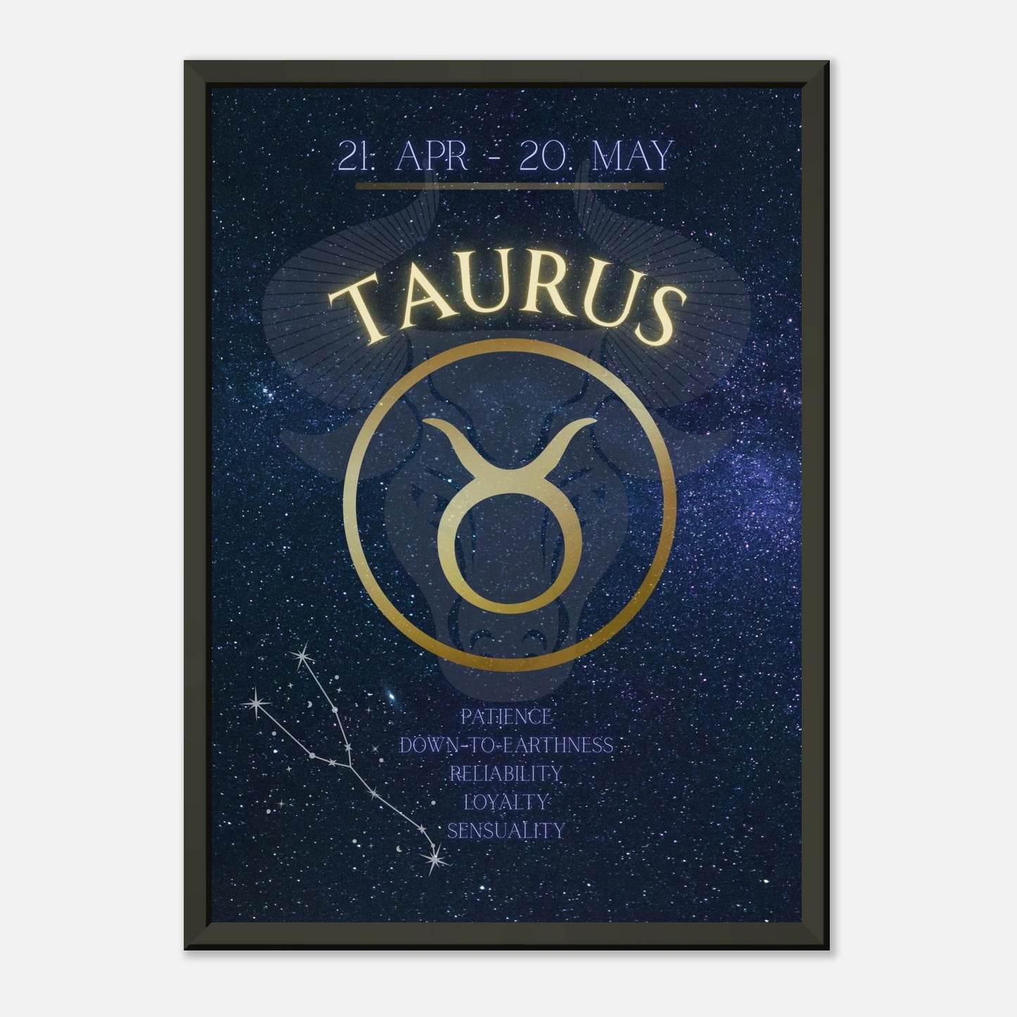Taurus astrology poster in black metal frame clean studio mockup showing horoscope artwork