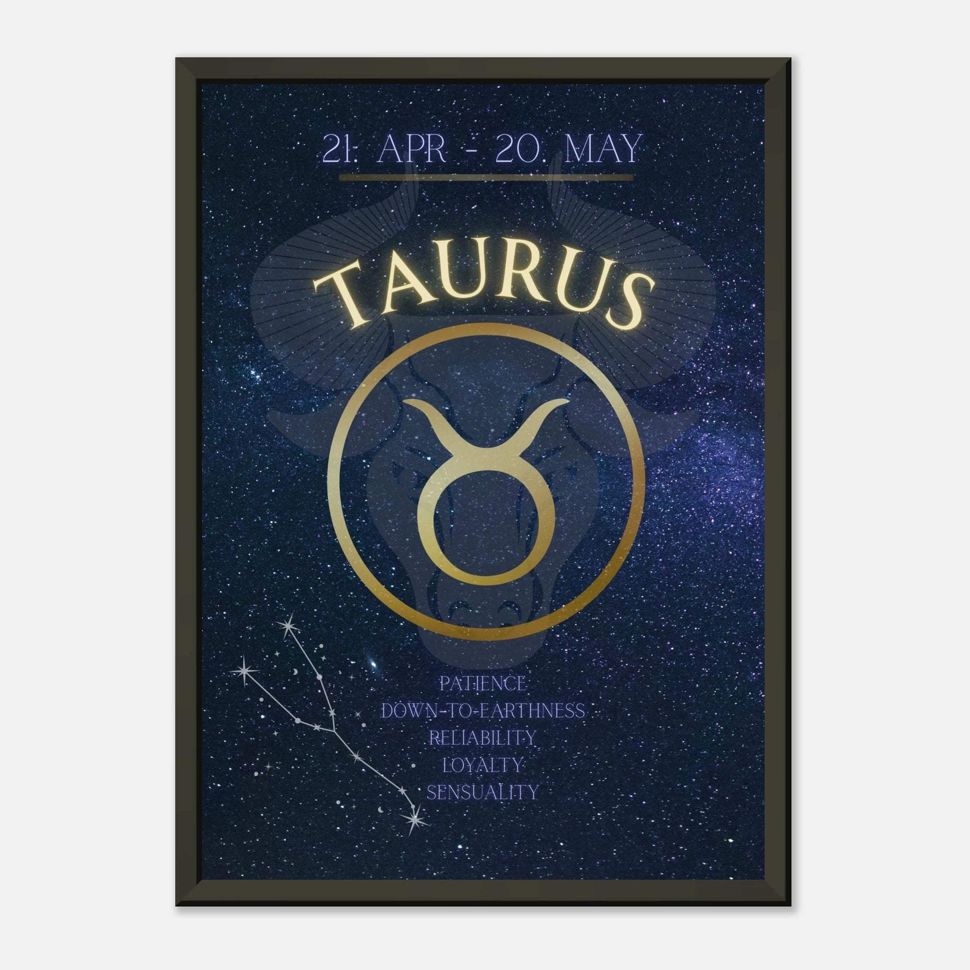 Taurus astrology poster in black metal frame clean studio mockup showing horoscope artwork